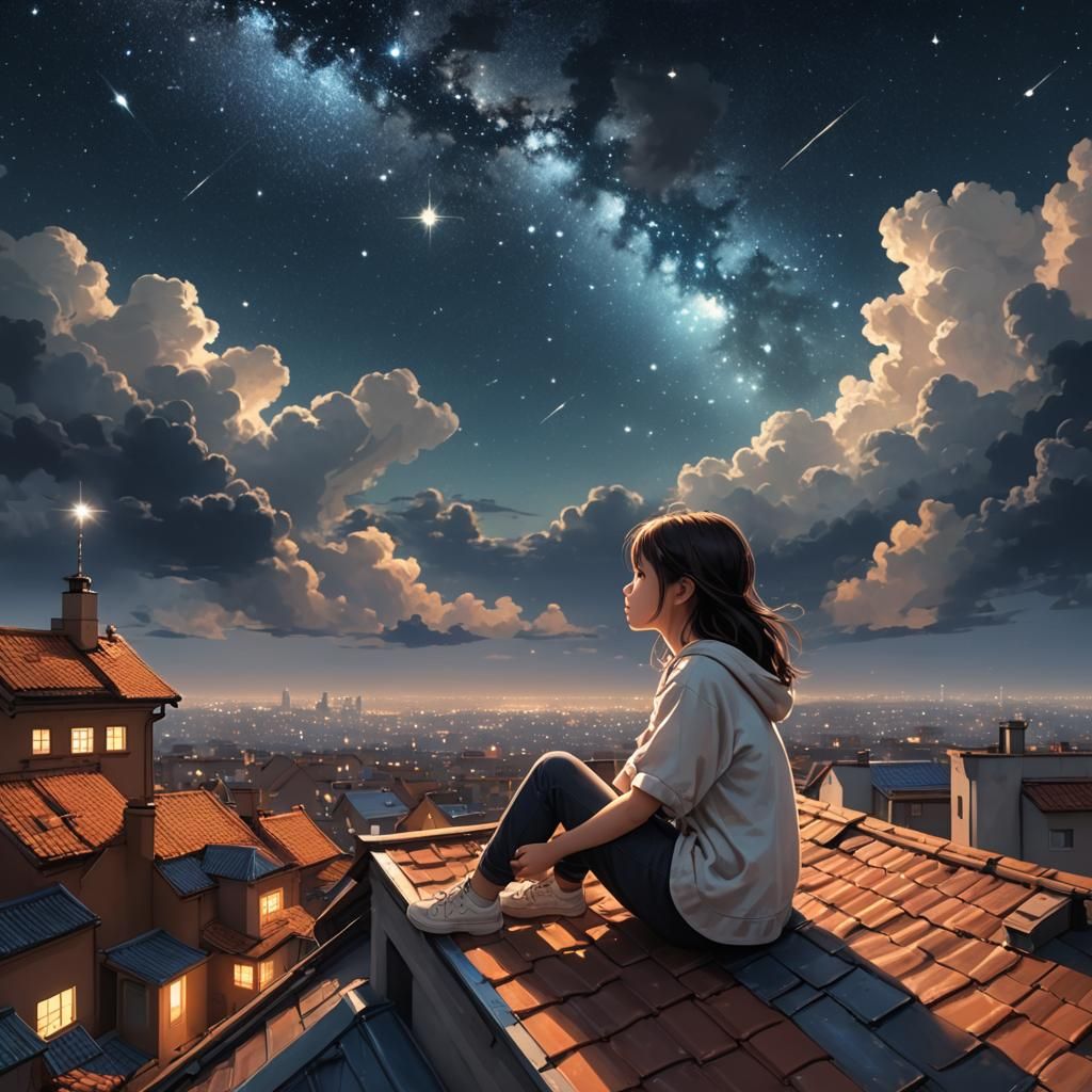 Girl on Rooftop Gazing at Stars: Digital Art