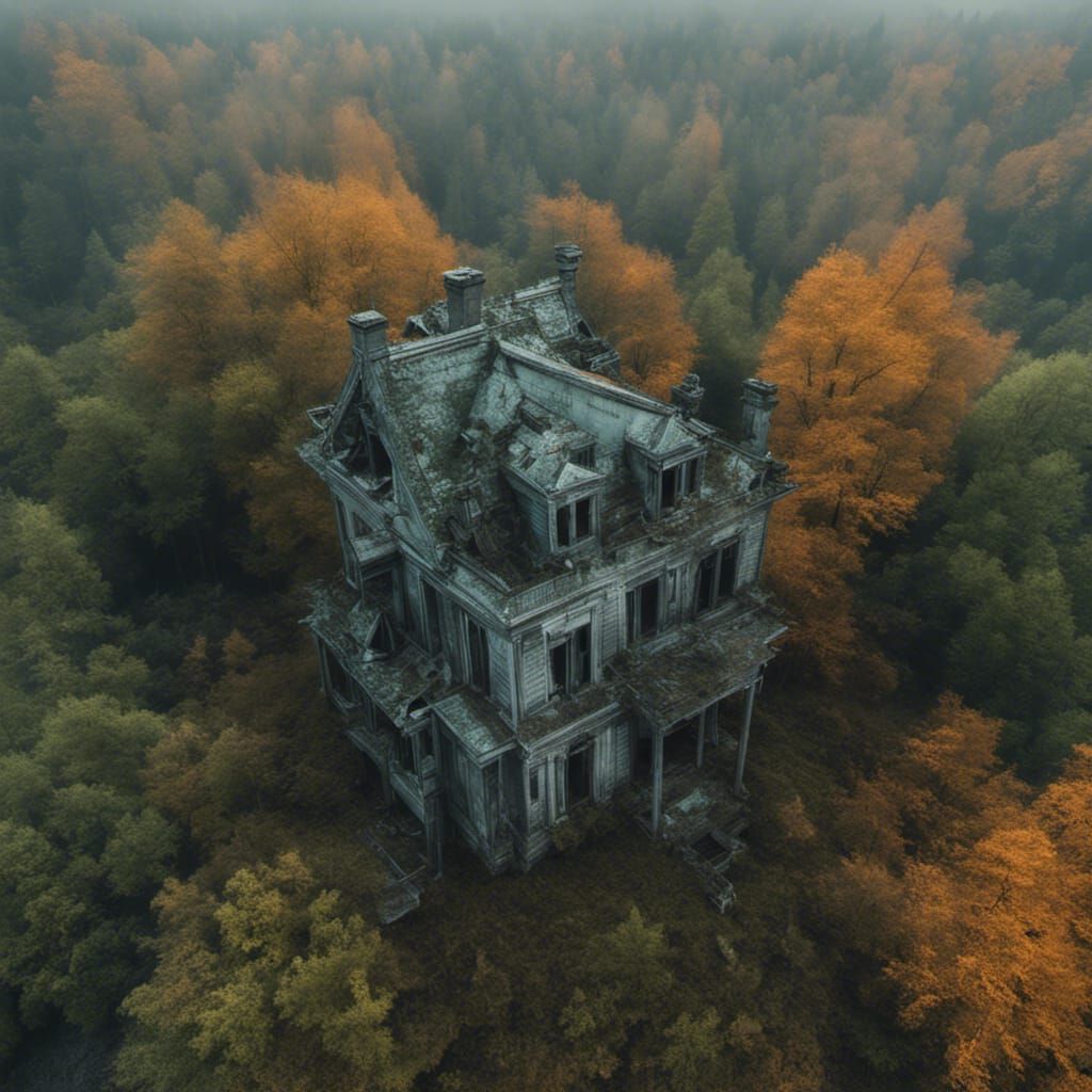 Fog Shrouded Abandoned House Aerial Photograph