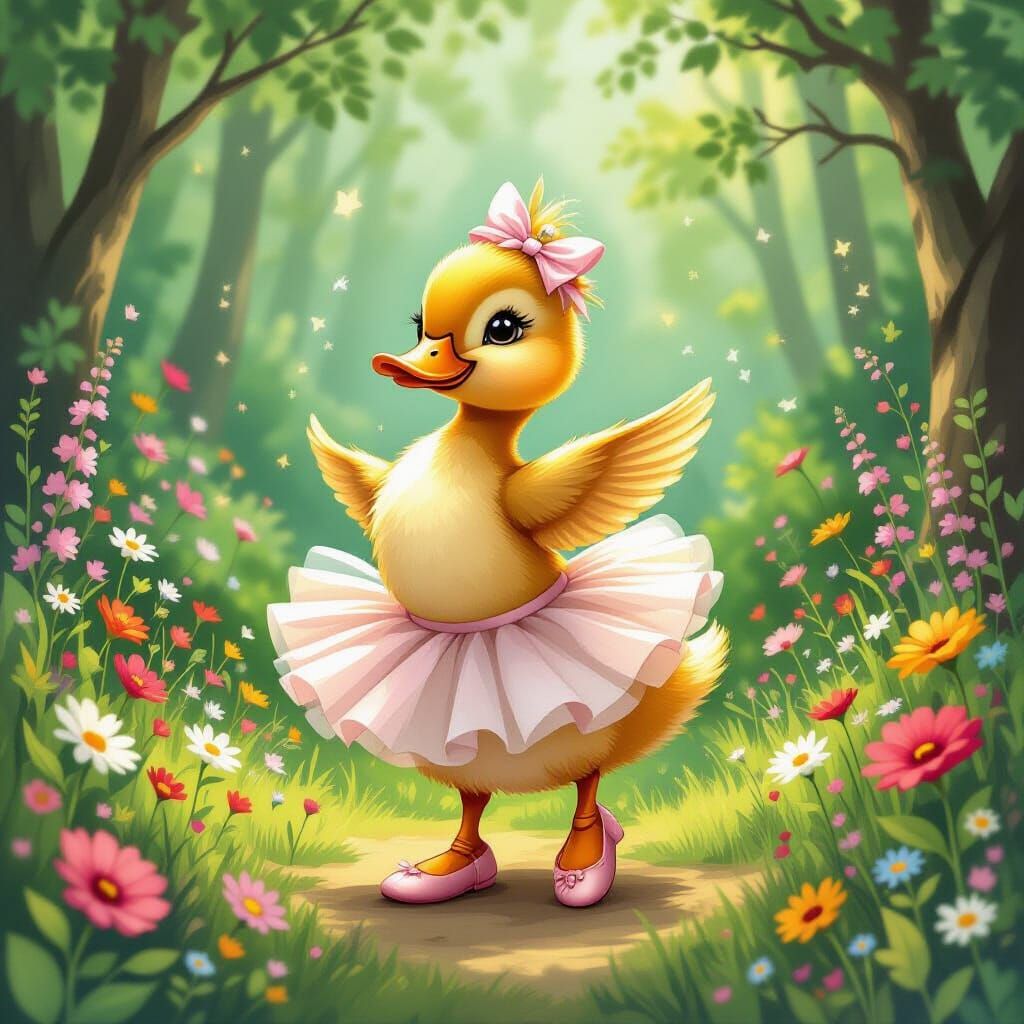 Dancing Duckling in Whimsical Forest, Potter Style