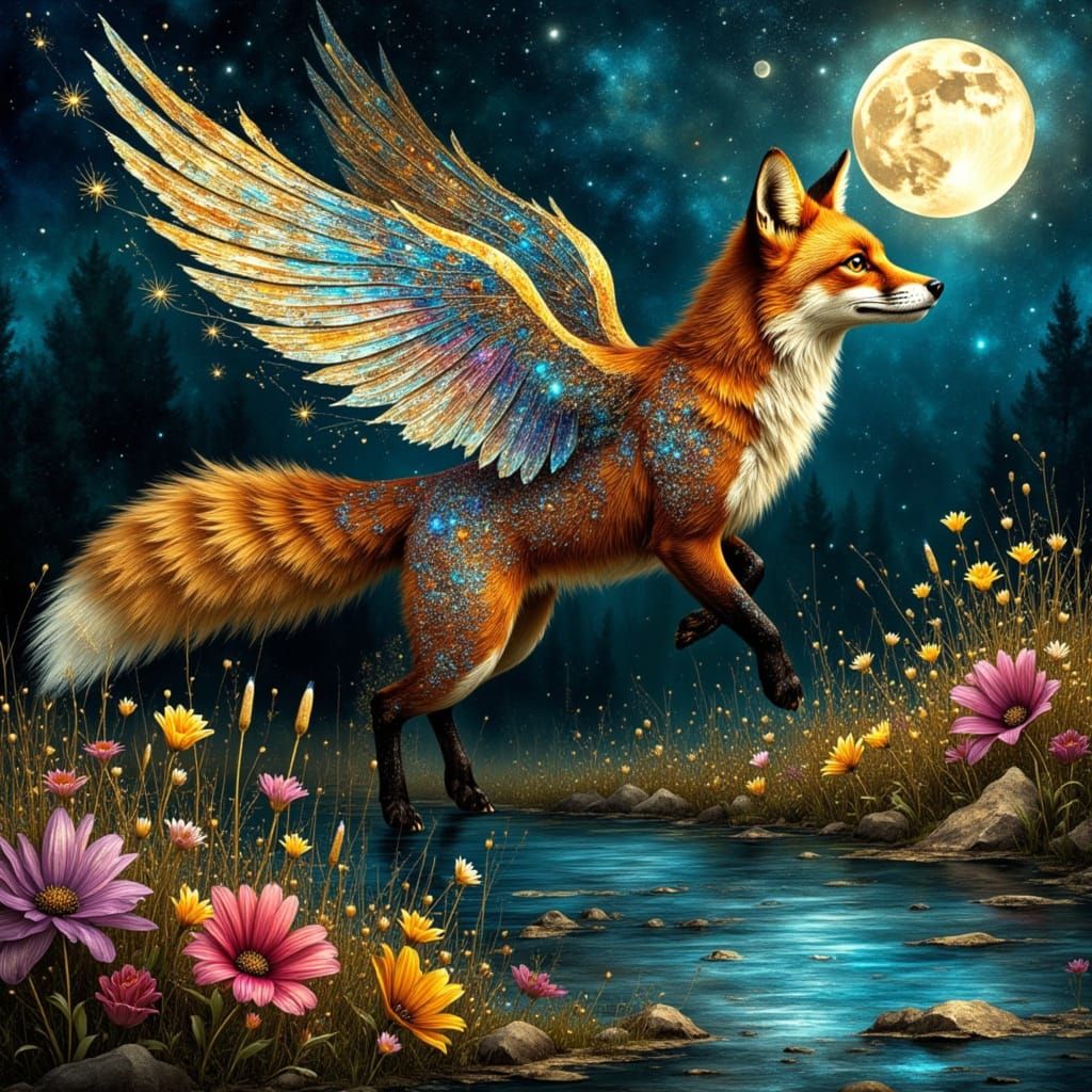 Dusk Fox with Stained Glass Wings and Blooming Rivers