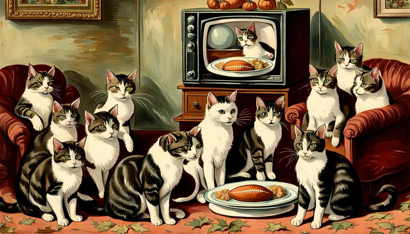 Victorian Cats Watch Football on Thanksgiving