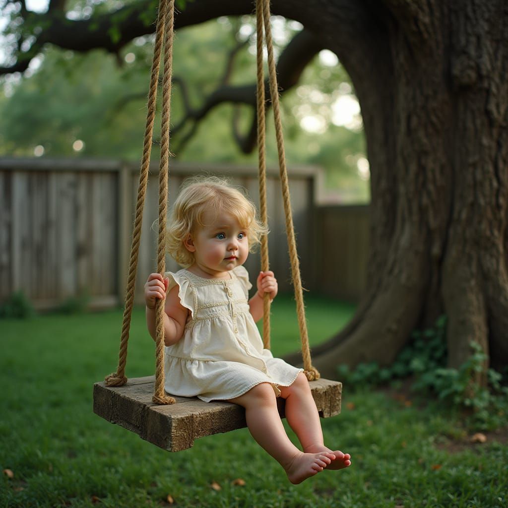 Serenely Sitting Girl on Rustic Wooden Swing in Lush Greener...
