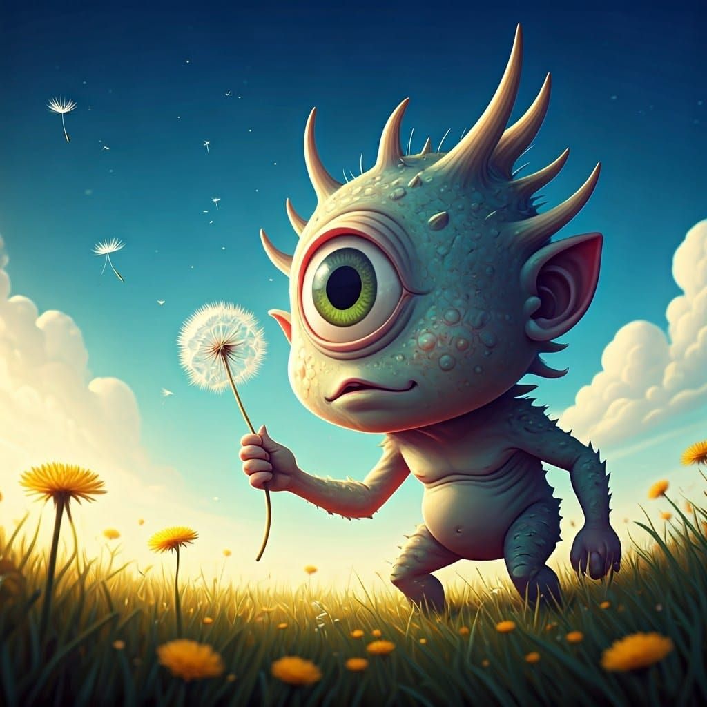 Chibi Cyclops Smelling a Dandelion in Meadow