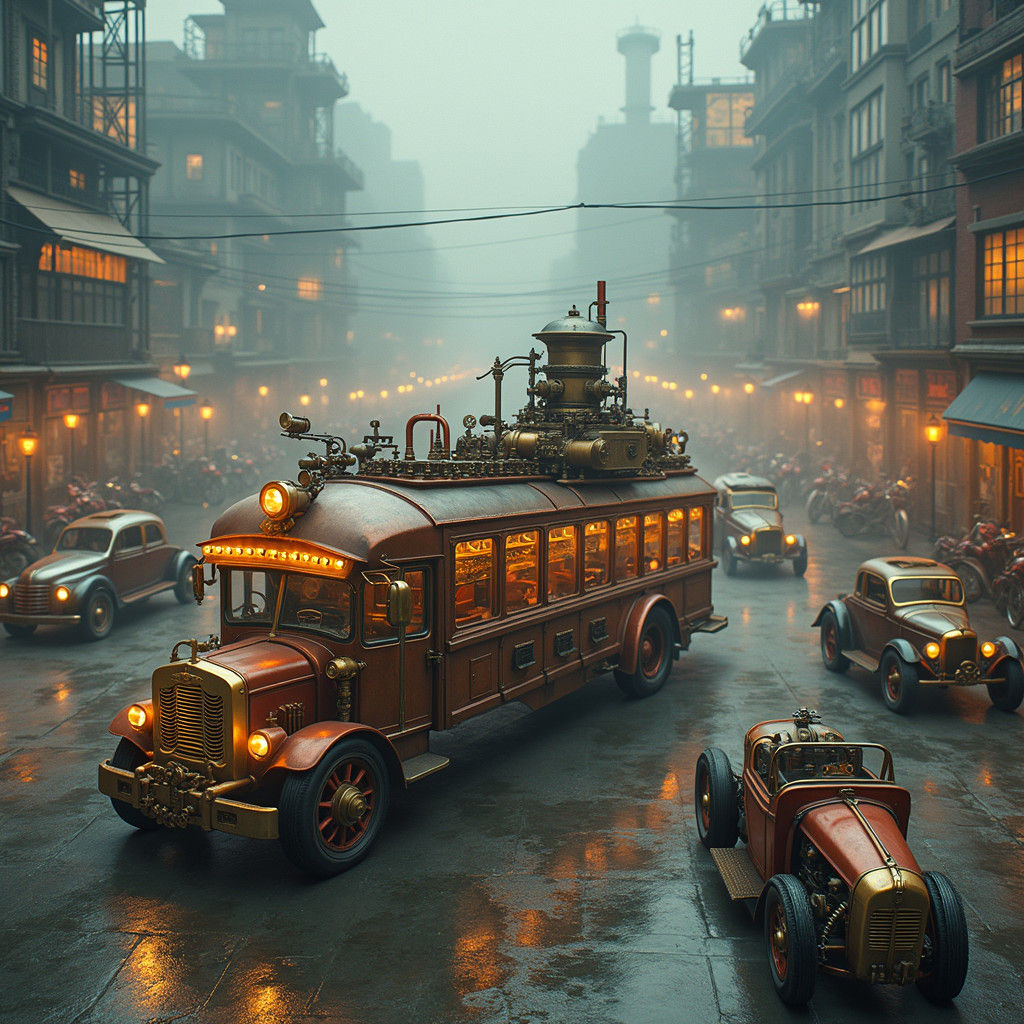 Steampunk Vehicles in Industrial Metropolis