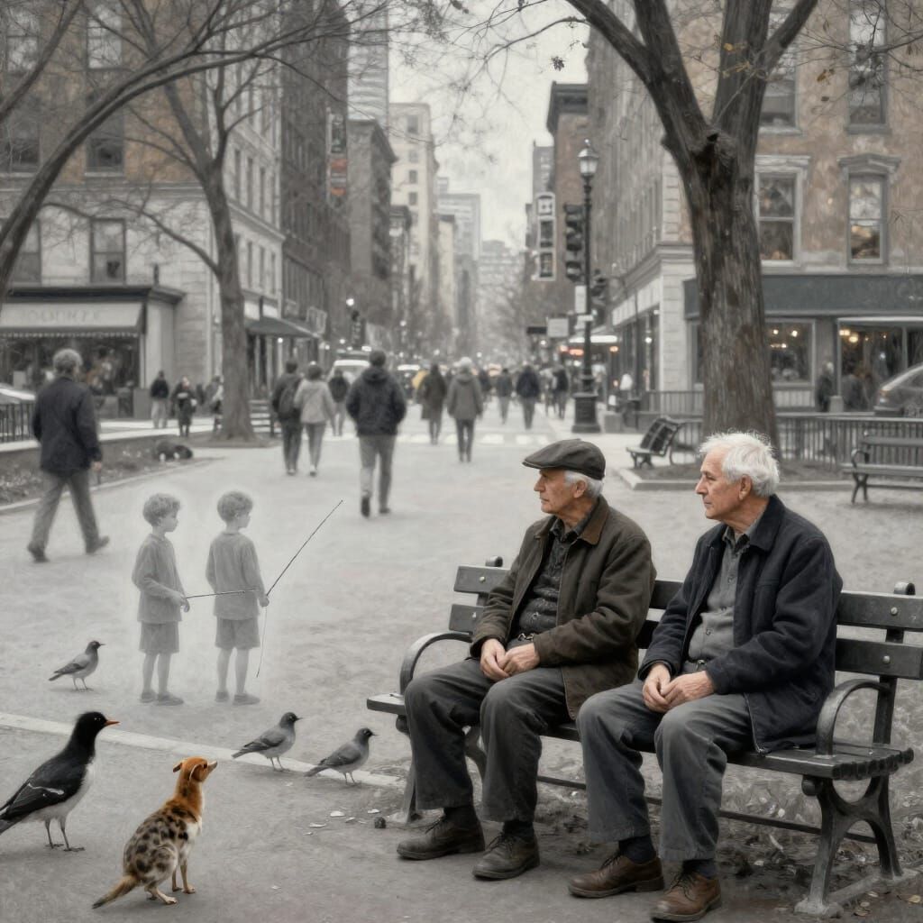 Elderly Friends Recall Childhood Fishing in Ethereal Citysca...