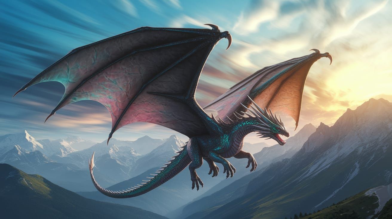 Majestic Dragon Soars Over Golden Sunset Landscape