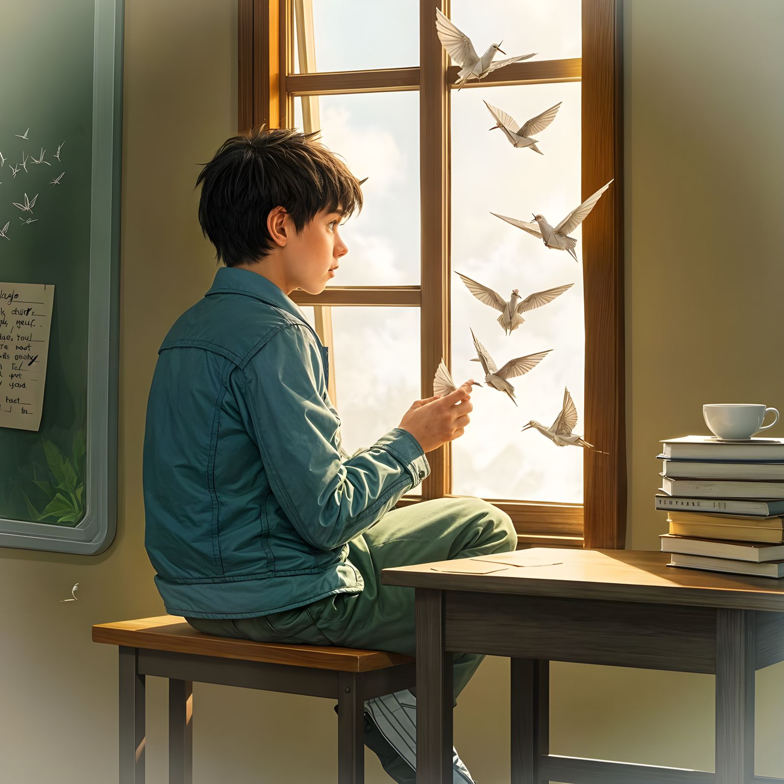 Paper Crane Takes Flight in Wistful Classroom Scene