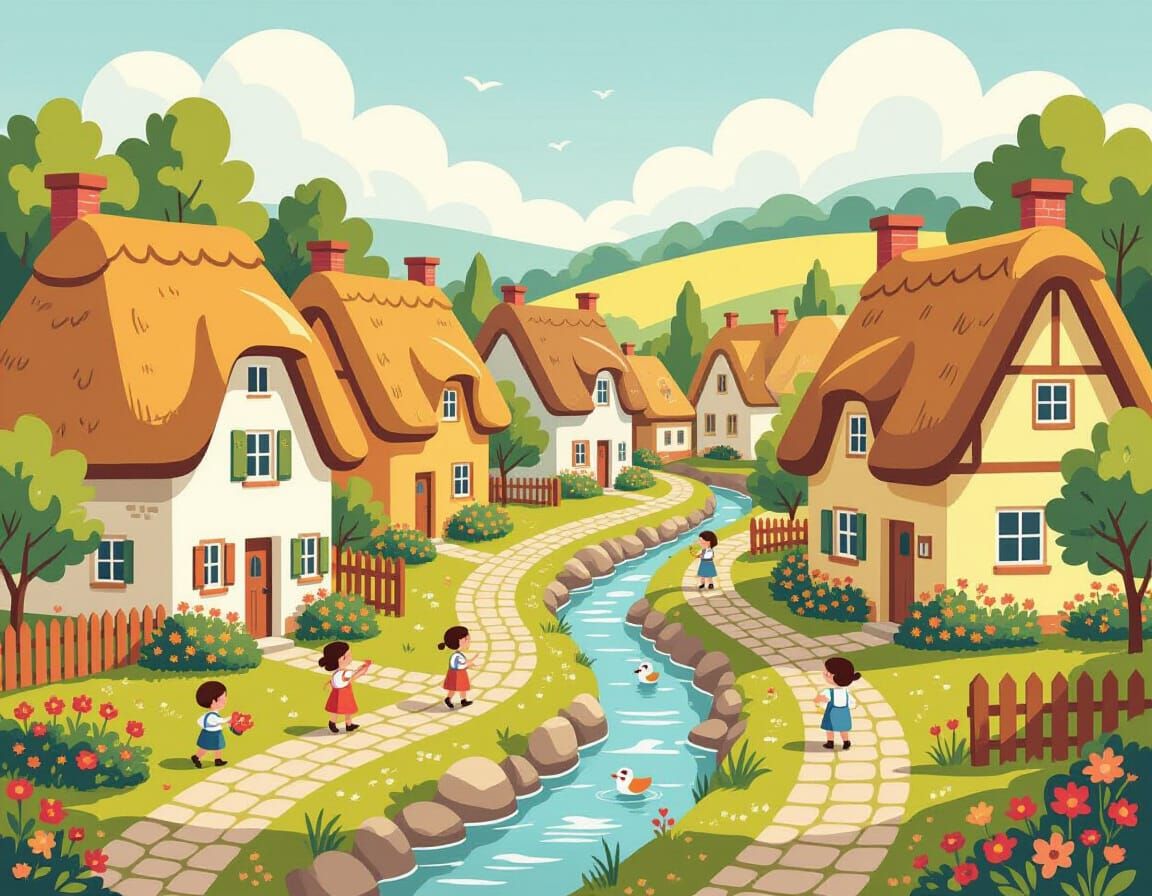 Quaint Village Scene in Vintage Folk Art Style