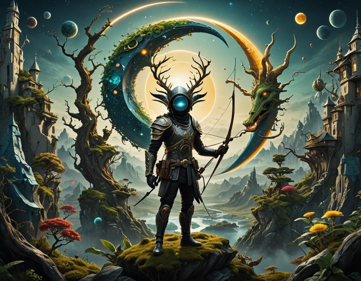 Cyberpunk Archer in Surreal Sci-Fi Landscape