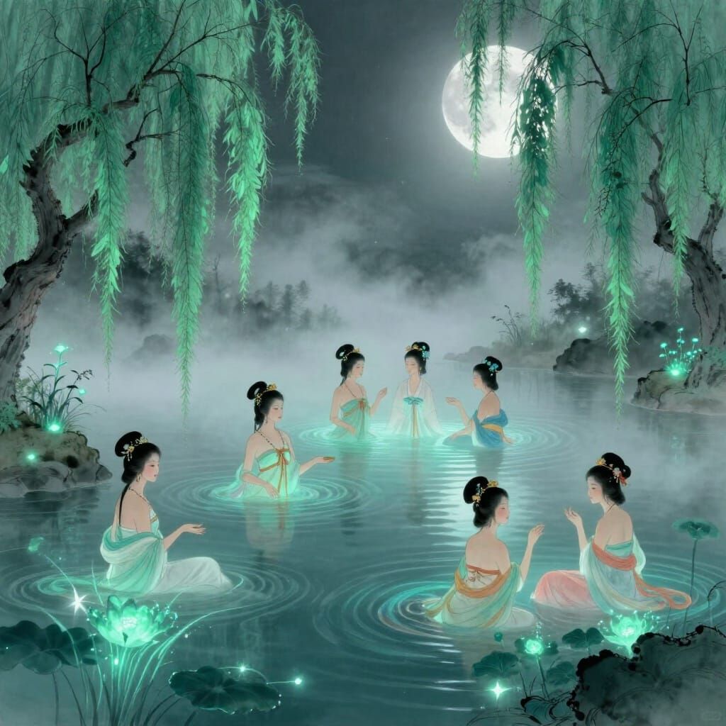 Mystical Moonlit Pool with Ancient Chinese Figures