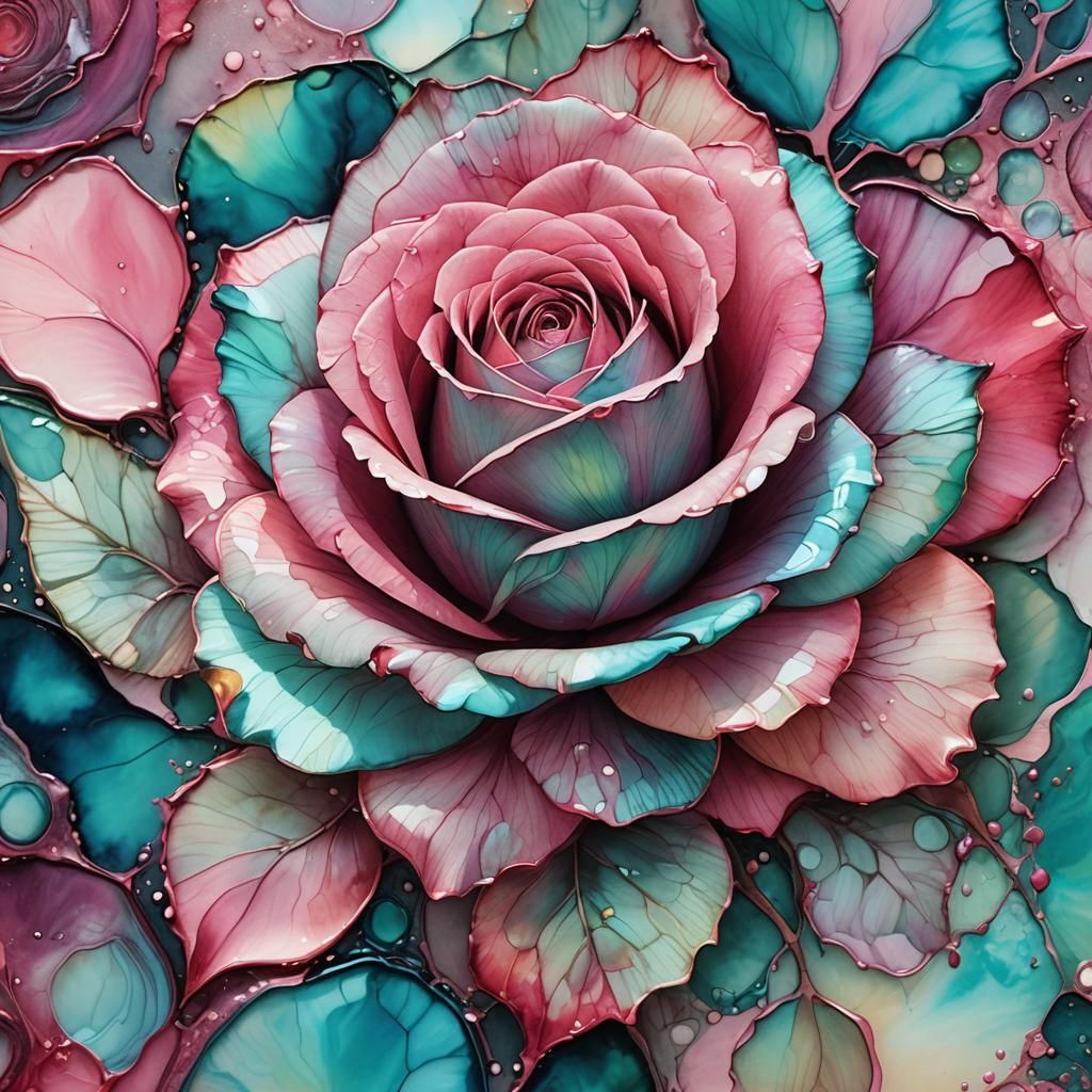 Glowing Pink Rose in Alcohol Ink Pastel Style