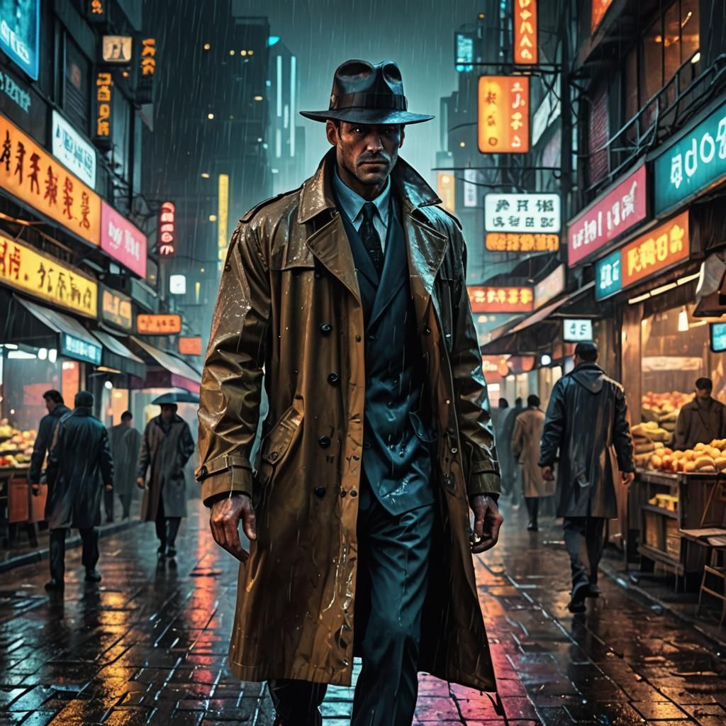 Cyberpunk Detective in Rainy City Market