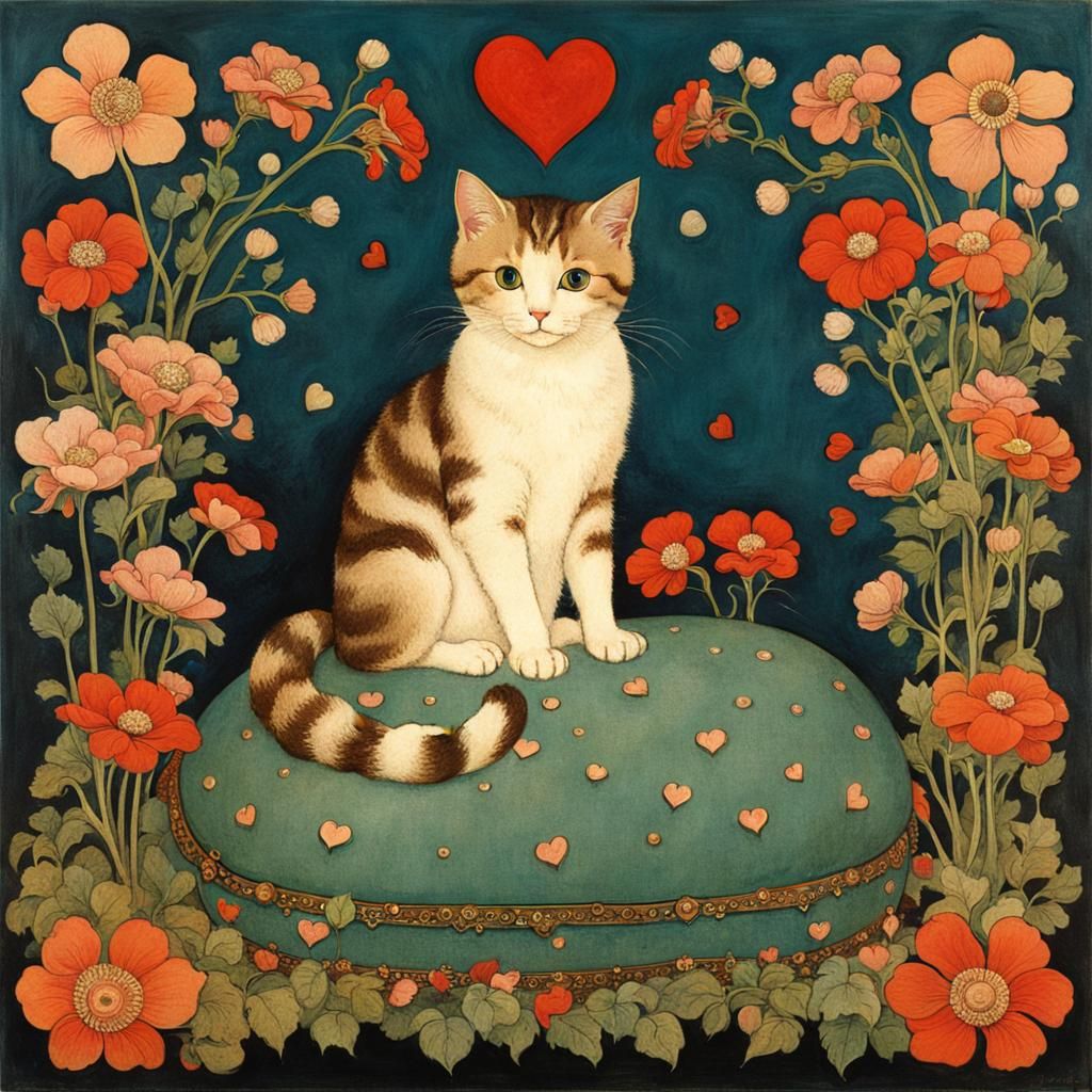 Cute Cat with Flowers in Art Nouveau Style