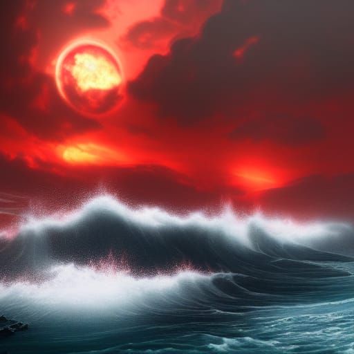 Glowing Red Sea, Blood Moon, Stormy Sunset