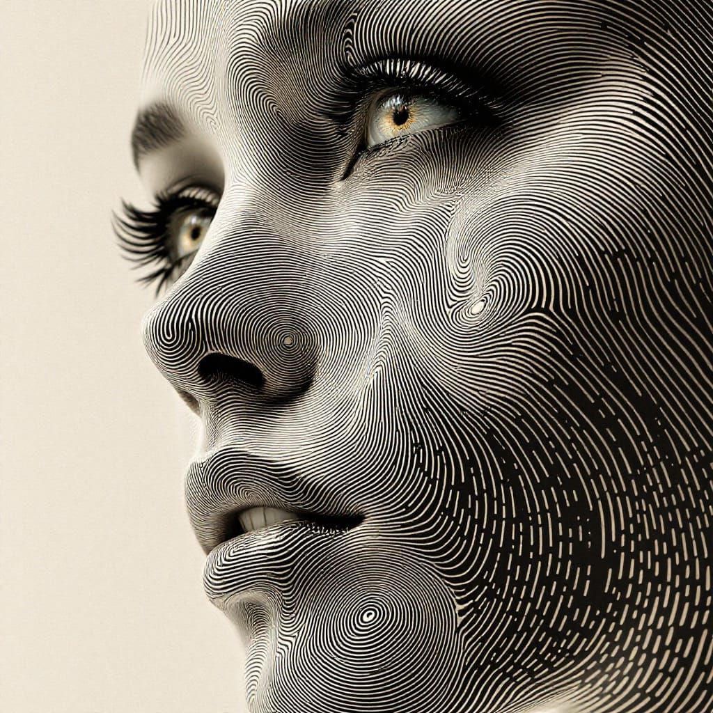 Fractal Face Portrait with Fingerprint Patterns in Sepia Ton...