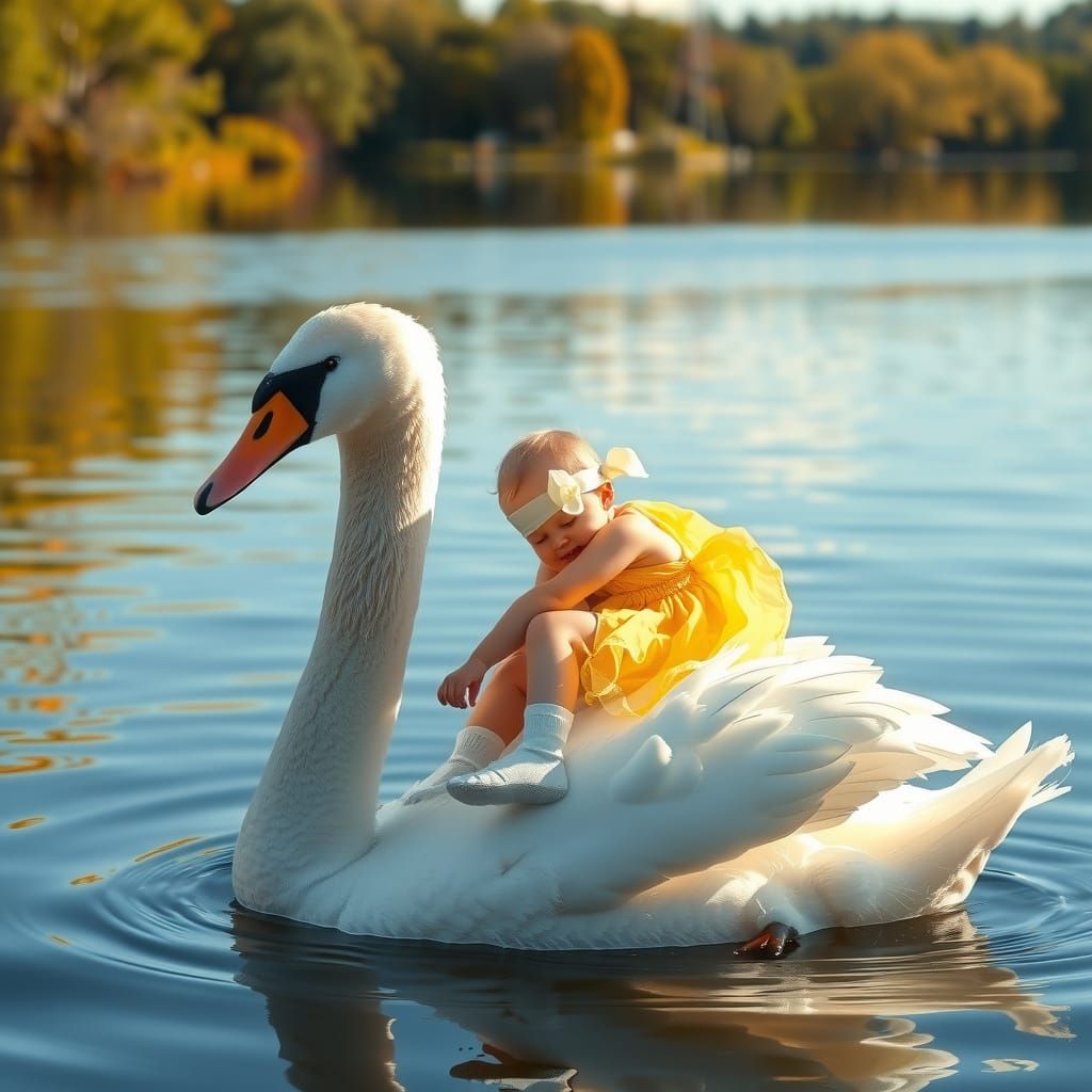 Baby Laughing on Swan in Sunny Lake: Photorealistic