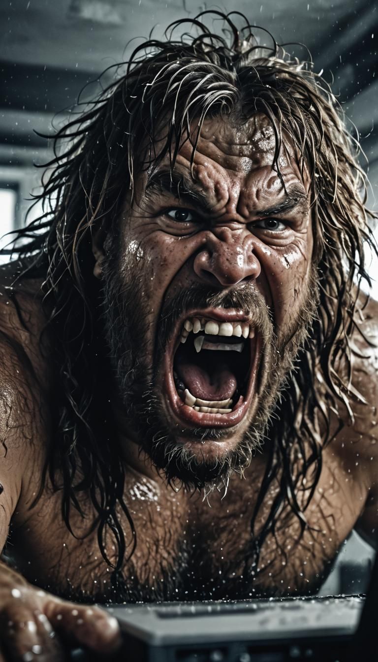 Enraged Caveman Yelling at Computer in Gritty Monochrome