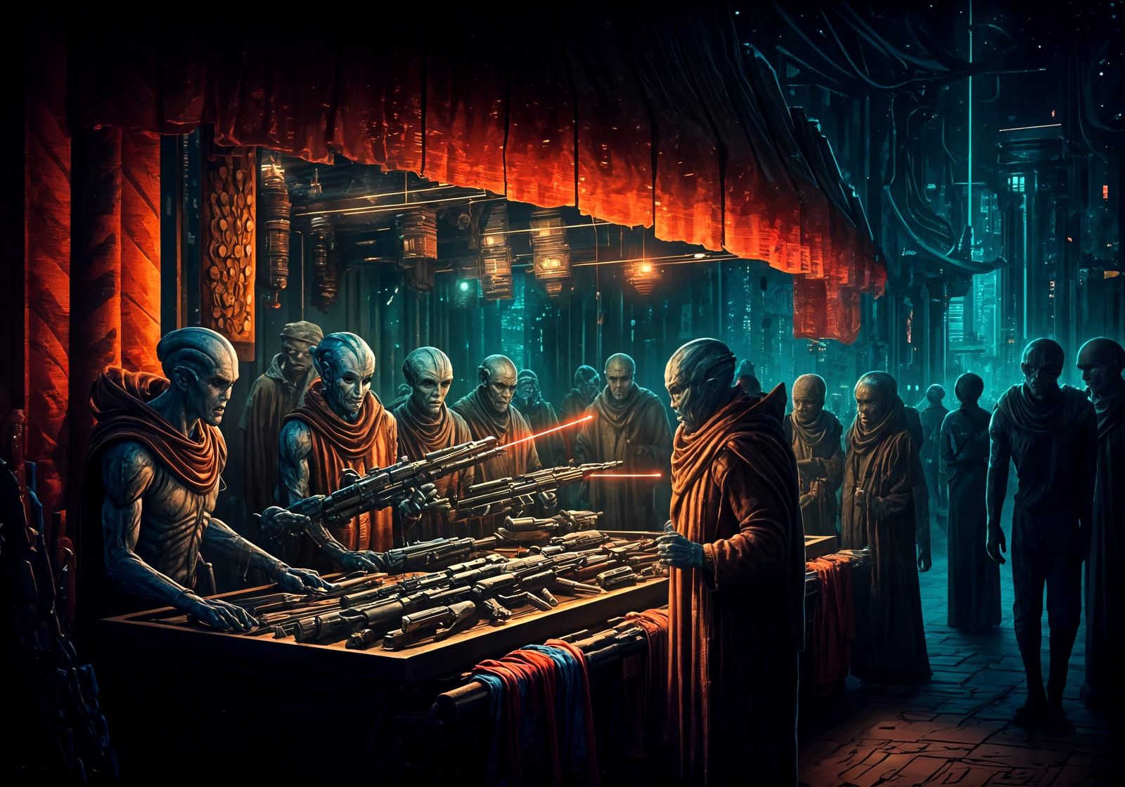 Alien Street Market with Laser Weapons, Sci-Fi Art