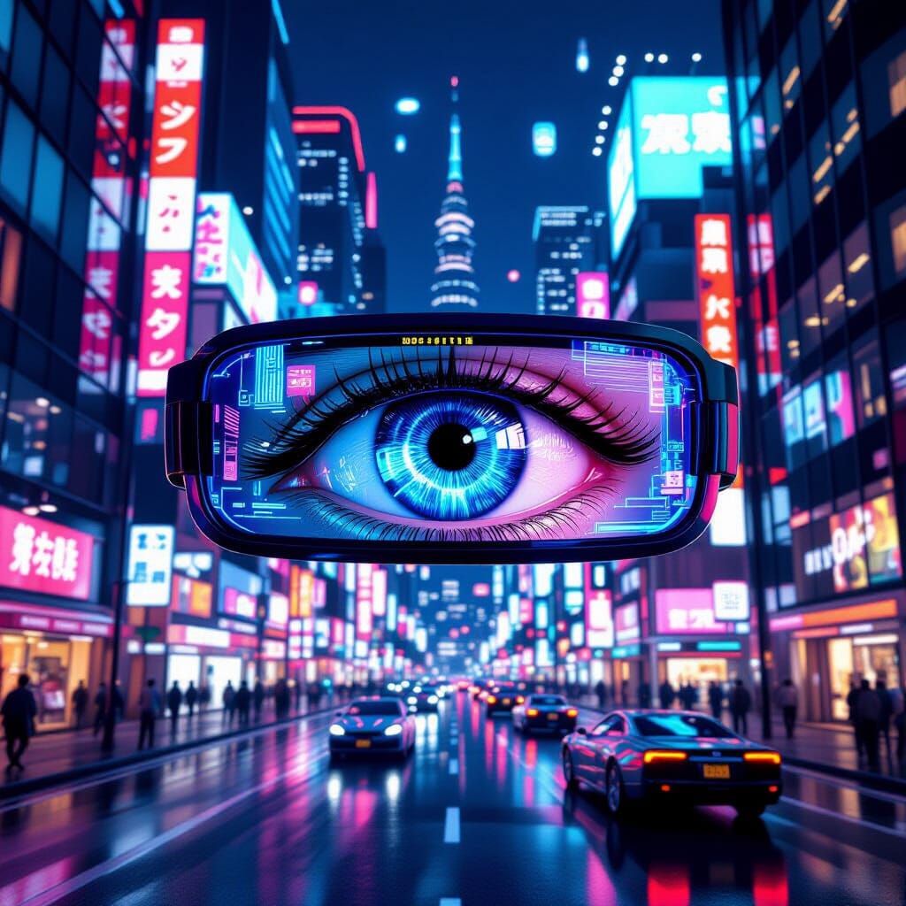 Eye Reflecting Futuristic Tokyo in 3D Cinematic Style