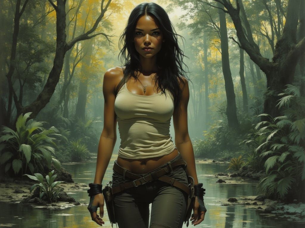 Megan Fox as Lara Croft in Bayou, Oil Painting Style