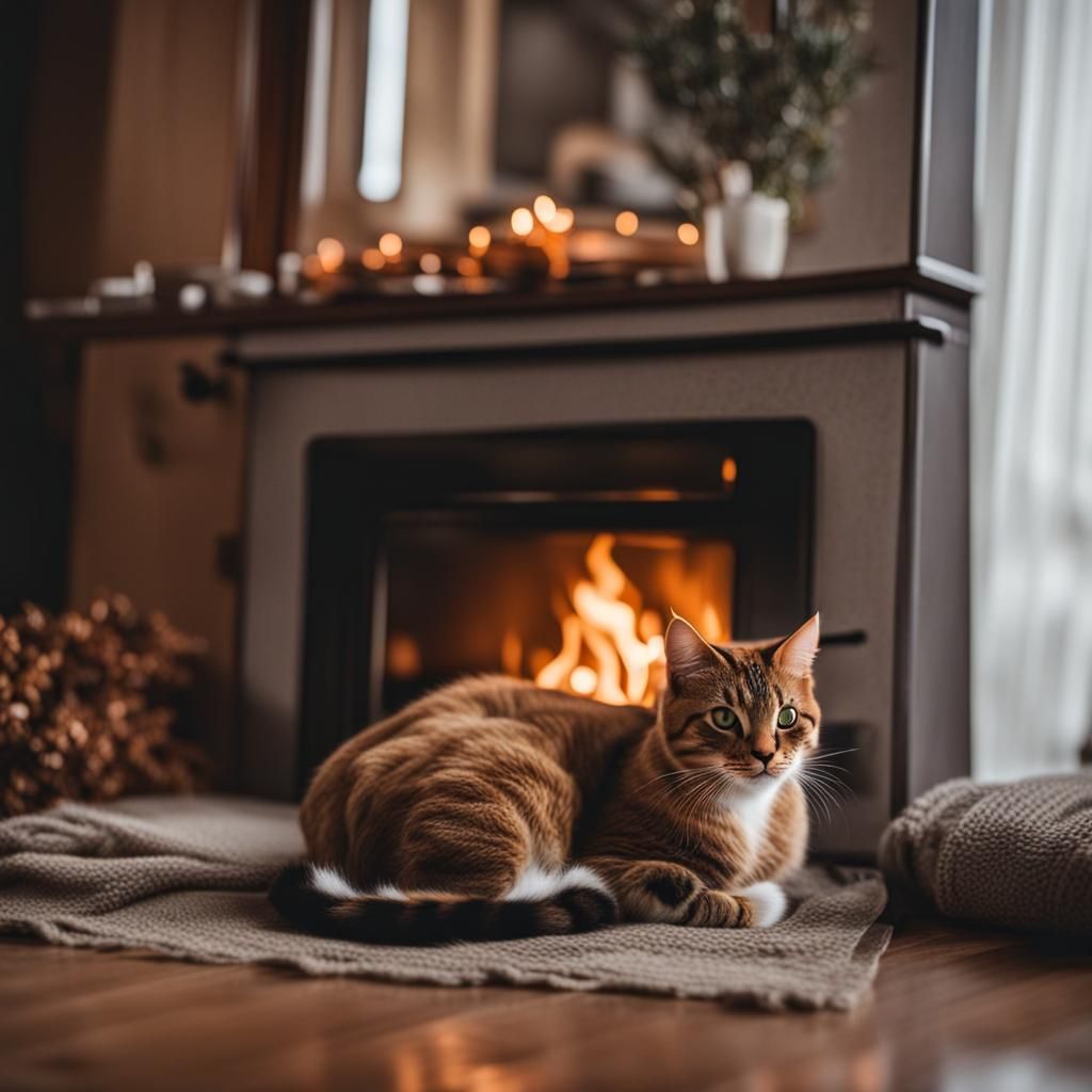Cozy Cat Comfort by Fireplace