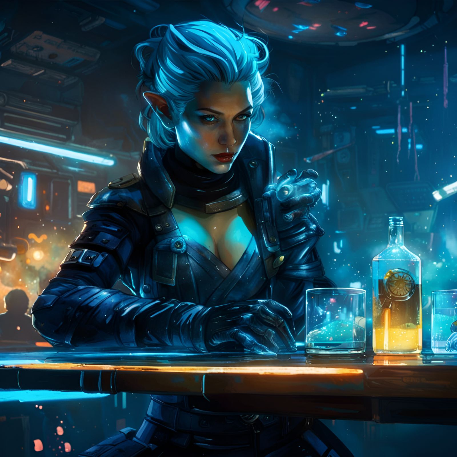 Cyberpunk Elf Mixologist in Star Wars Bar