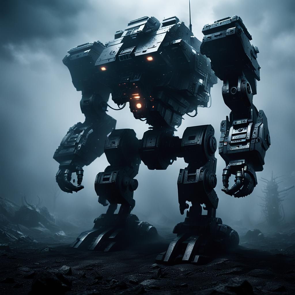 Ominous Mech Emerges from Dark Fog: Sci-Fi Art