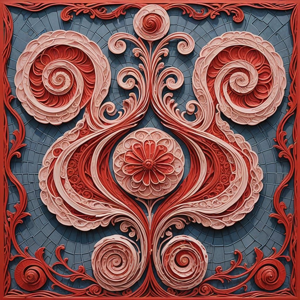 Abstract Red Twisting Forms in Etched Sketch Style