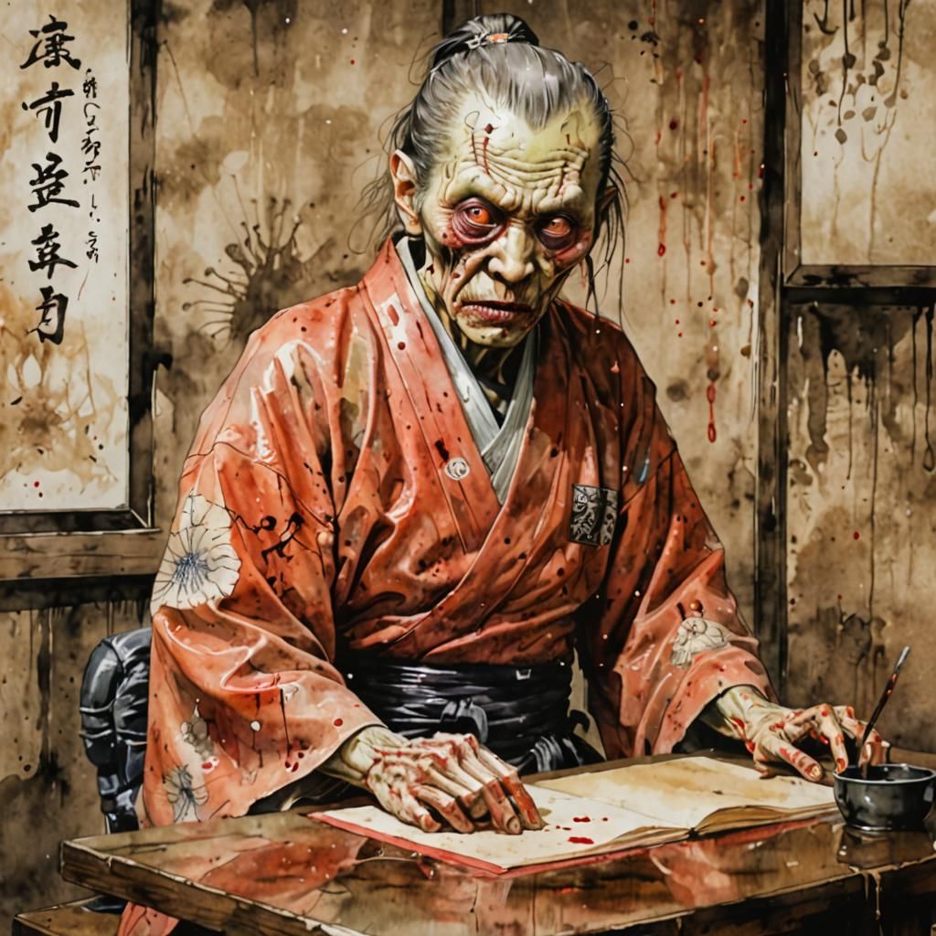 Japanese Zombie Horror Portrait in Traditional Hand-Painted...