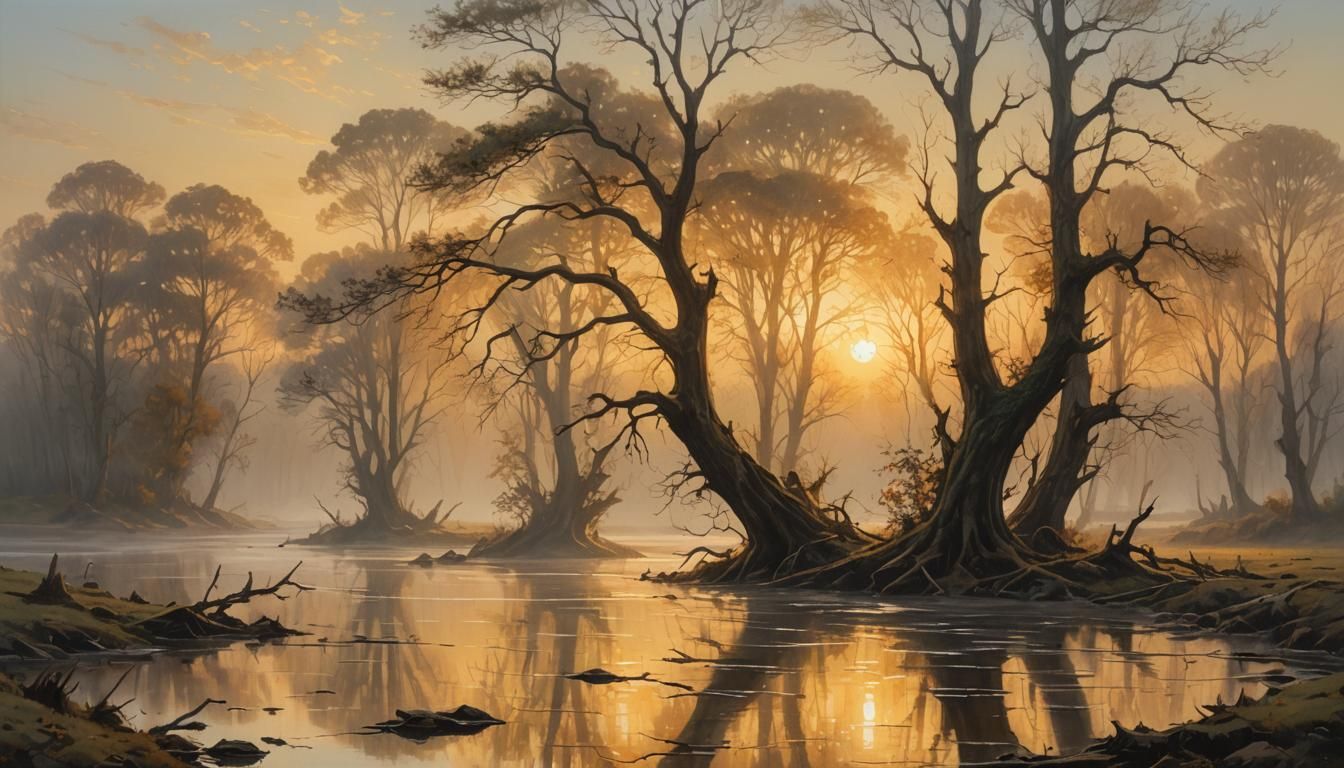 Golden Sunrise Over Misty River: A Romantic Landscape