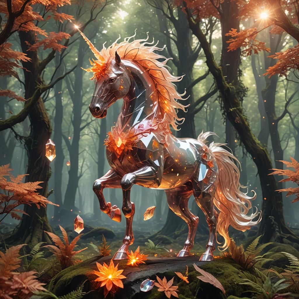 Fire Quartz Crystal Unicorn in Ethereal Forest