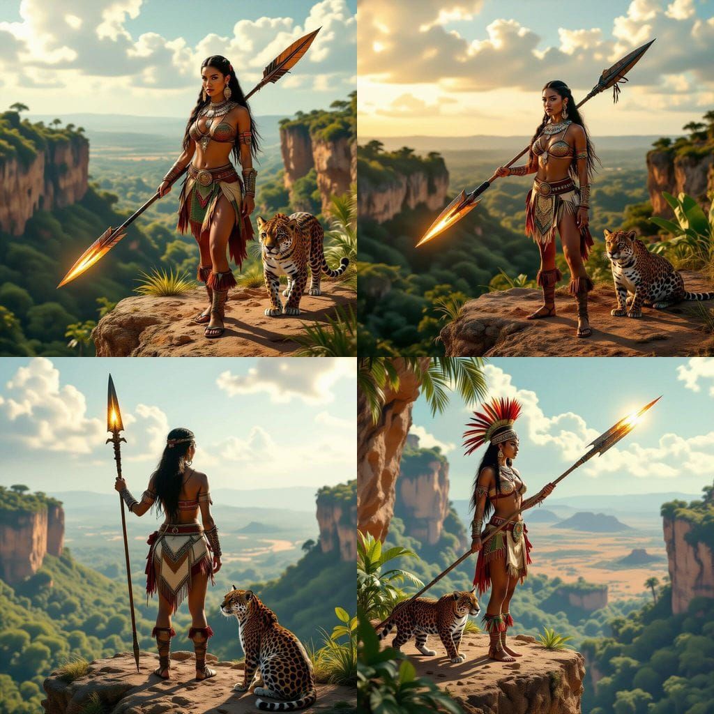 Exotic Warrior Woman with Glowing Spear on Cliff Edge