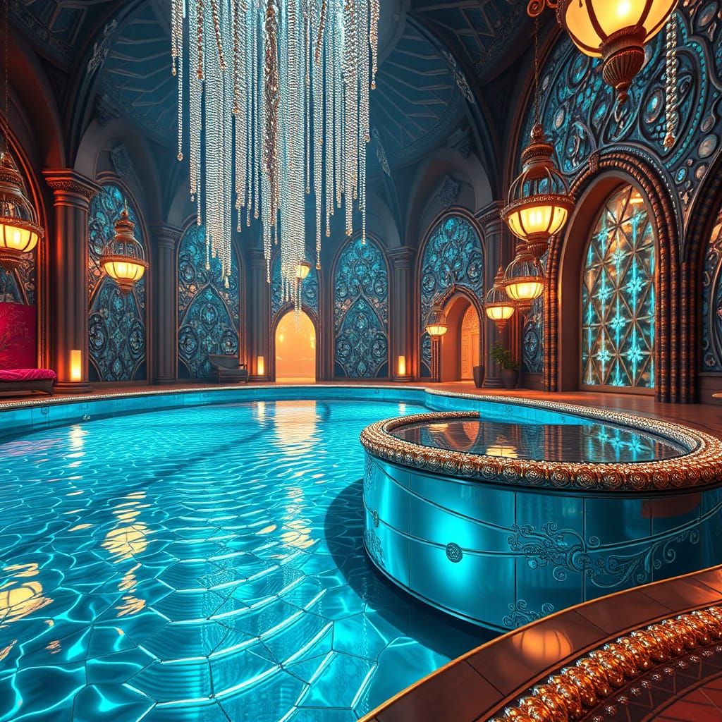 Glistening Beaded Pool with Volumetric Lighting