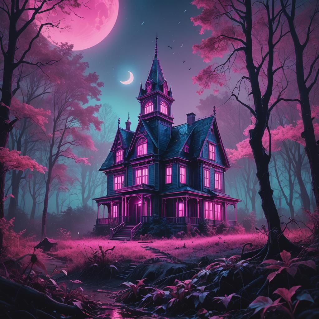 Neon Gothic House in Misty Forest: Synthwave Retro