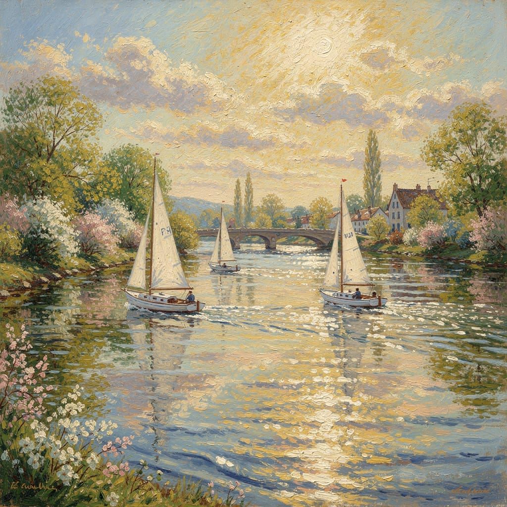 Sailboats Glide on River in Spring Impressionist Oil Paintin...