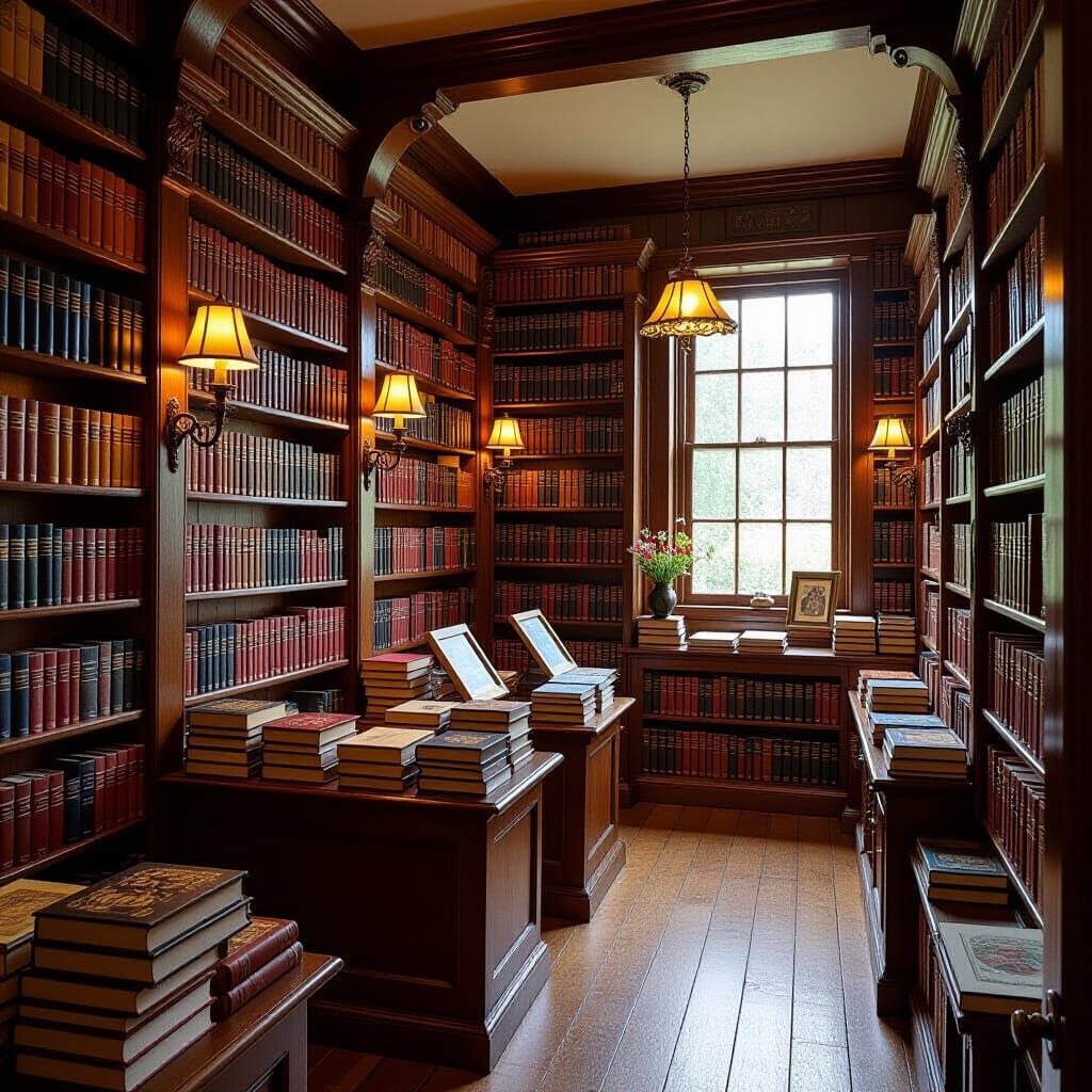 Cozy Bookshop Overflowing with Poetry, Folk Art Style