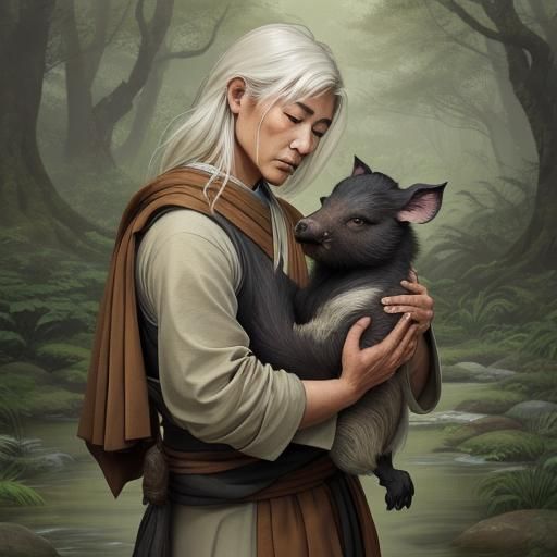 Monk and Wild Boar in Asian Ink Painting