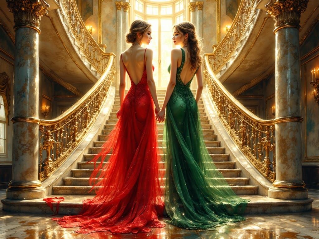 Elegant Twin Sisters Descend Grand Staircase to Gala