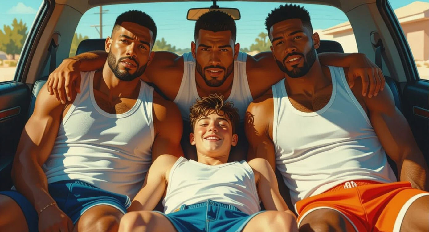 Humorous Carpool: Tall Basketball Players and Friend