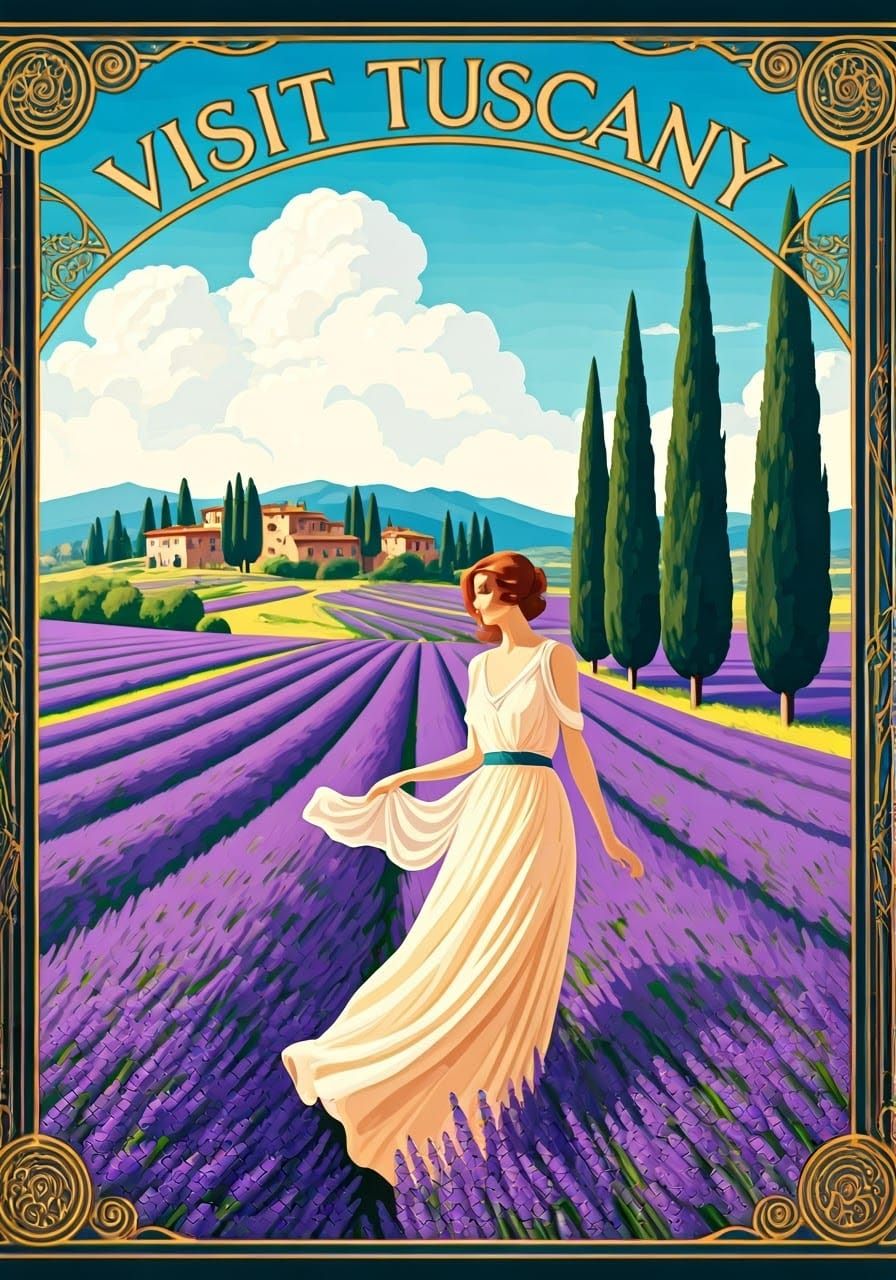 Vintage Art Deco Travel Poster of Tuscan Lavender Fields and...