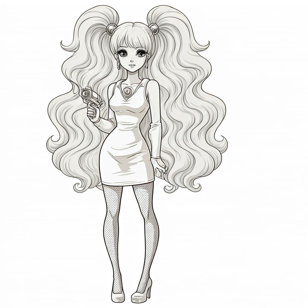 Vintage Anime Lady with Ray Gun in 1970s Style