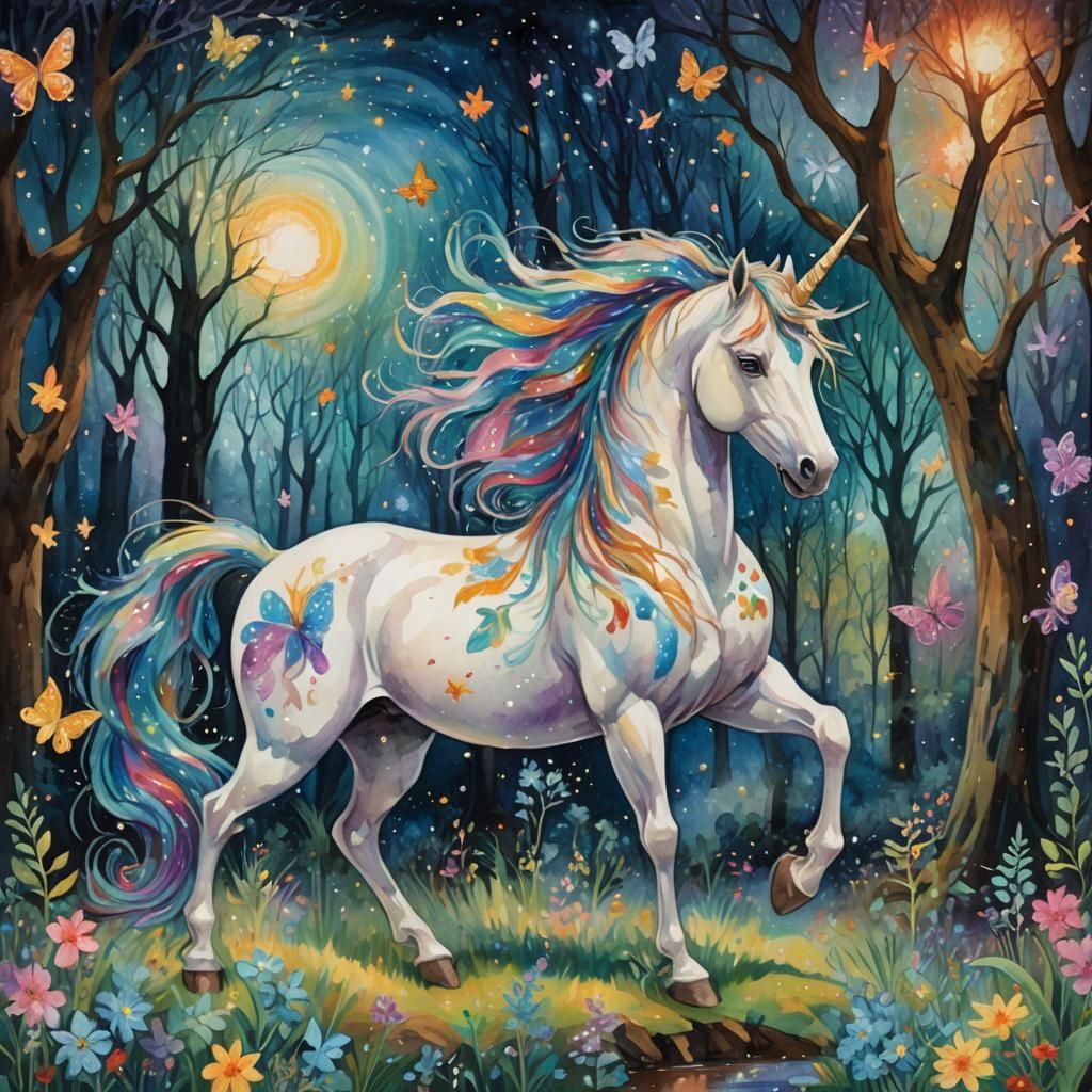Enchanted Unicorn in Sacred Grove: Gouache Style