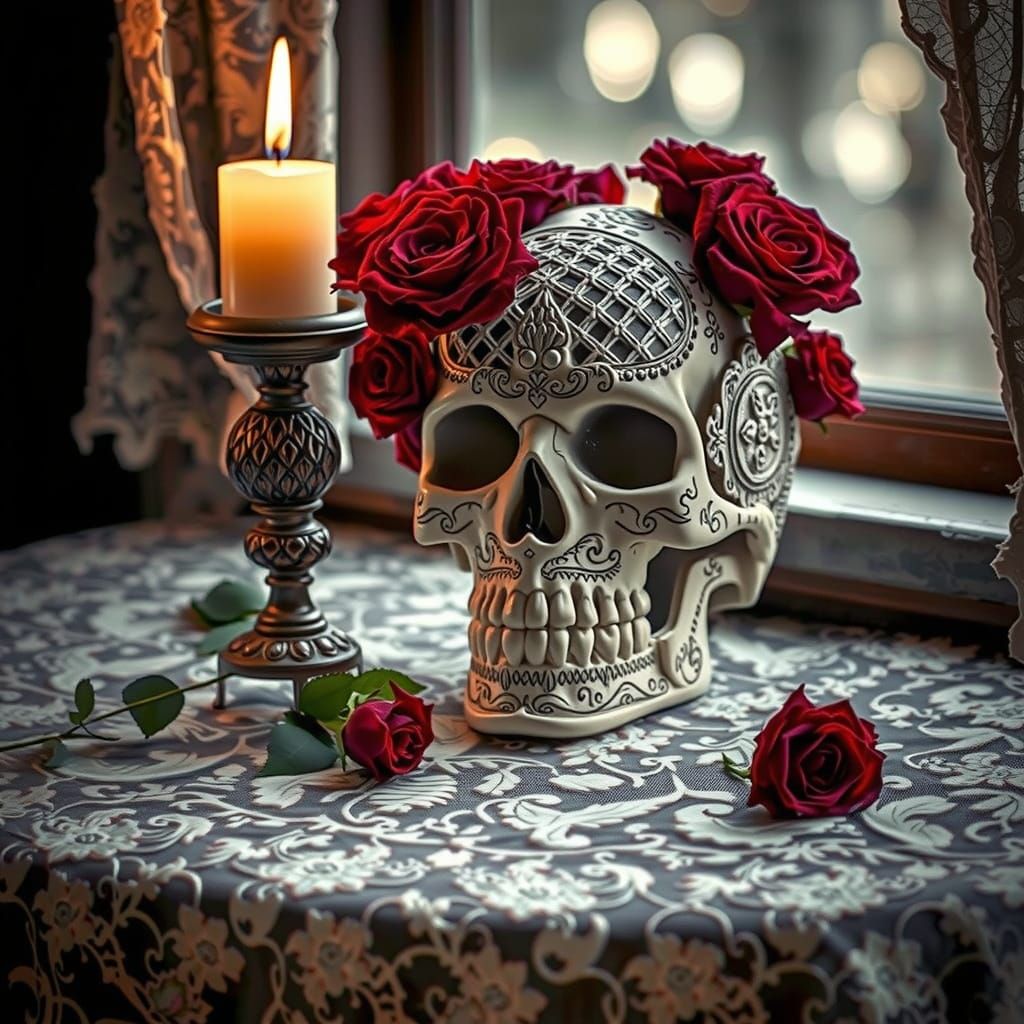 Ethereal Lace Skull in Moody Hyperrealistic Setting