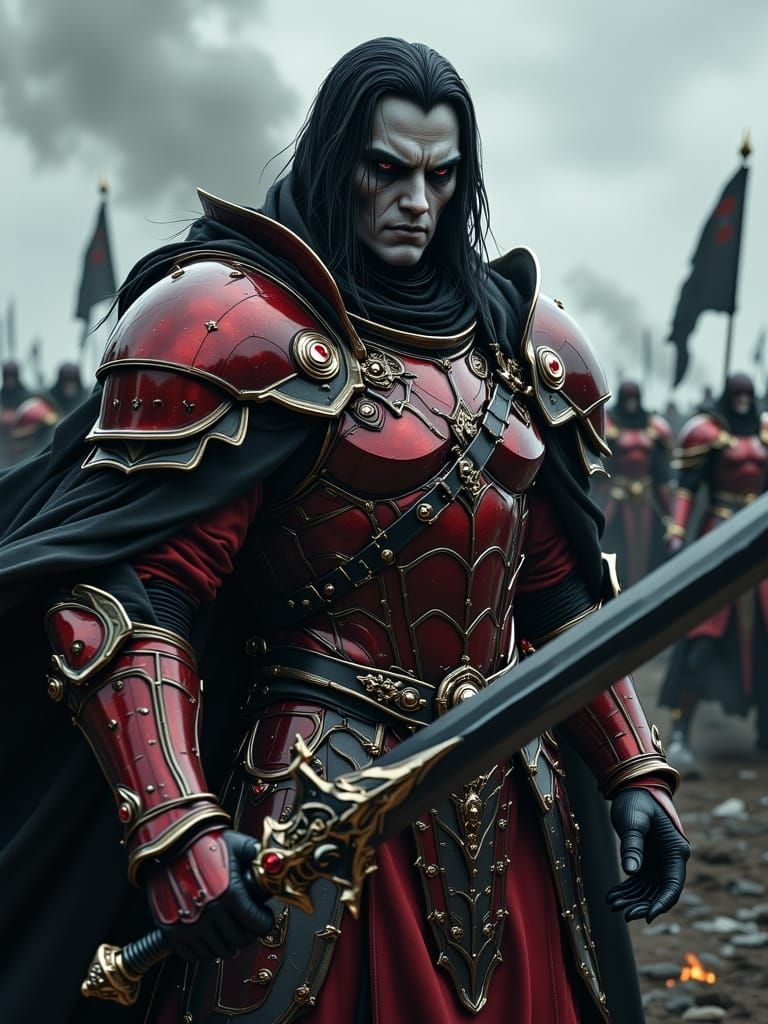 Vampire Lord in Burgundy Armor on Battlefield