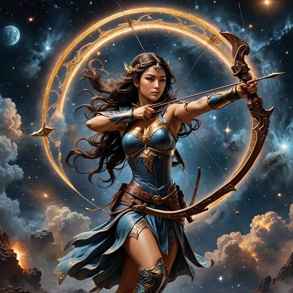 Sagittarius Archer: Beautiful Woman in Space, Hyperrealistic