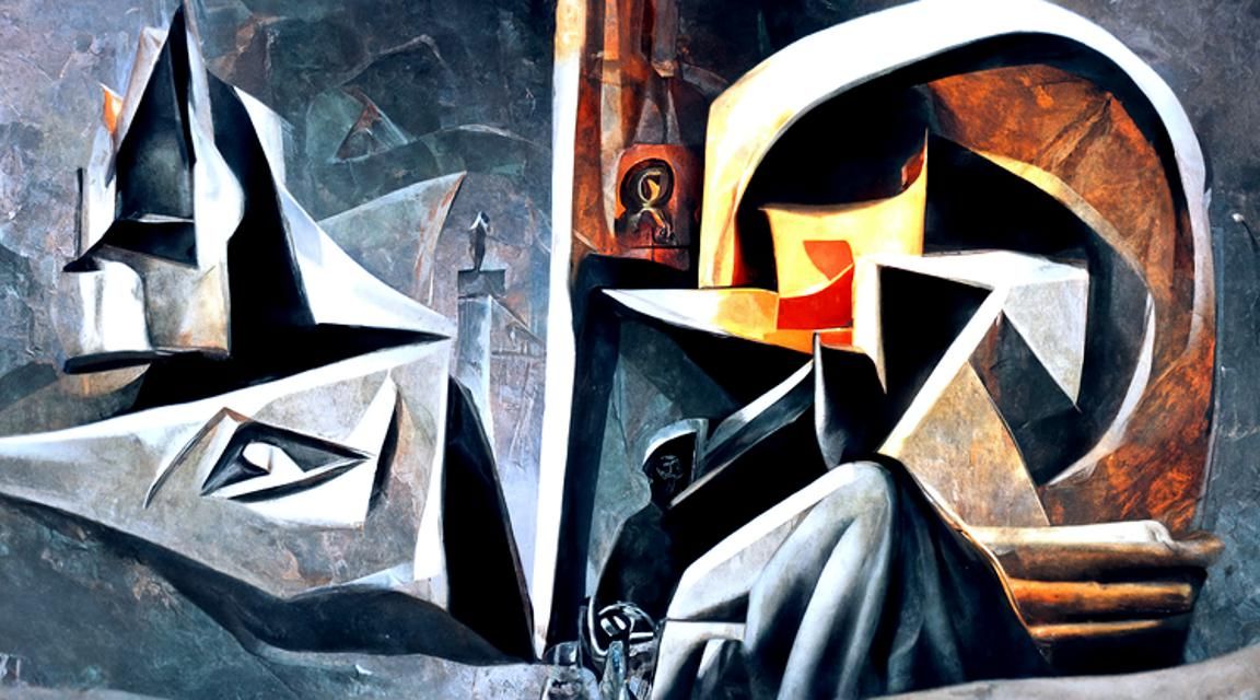 Sinister Slavic Figure in Cubist Oil Painting