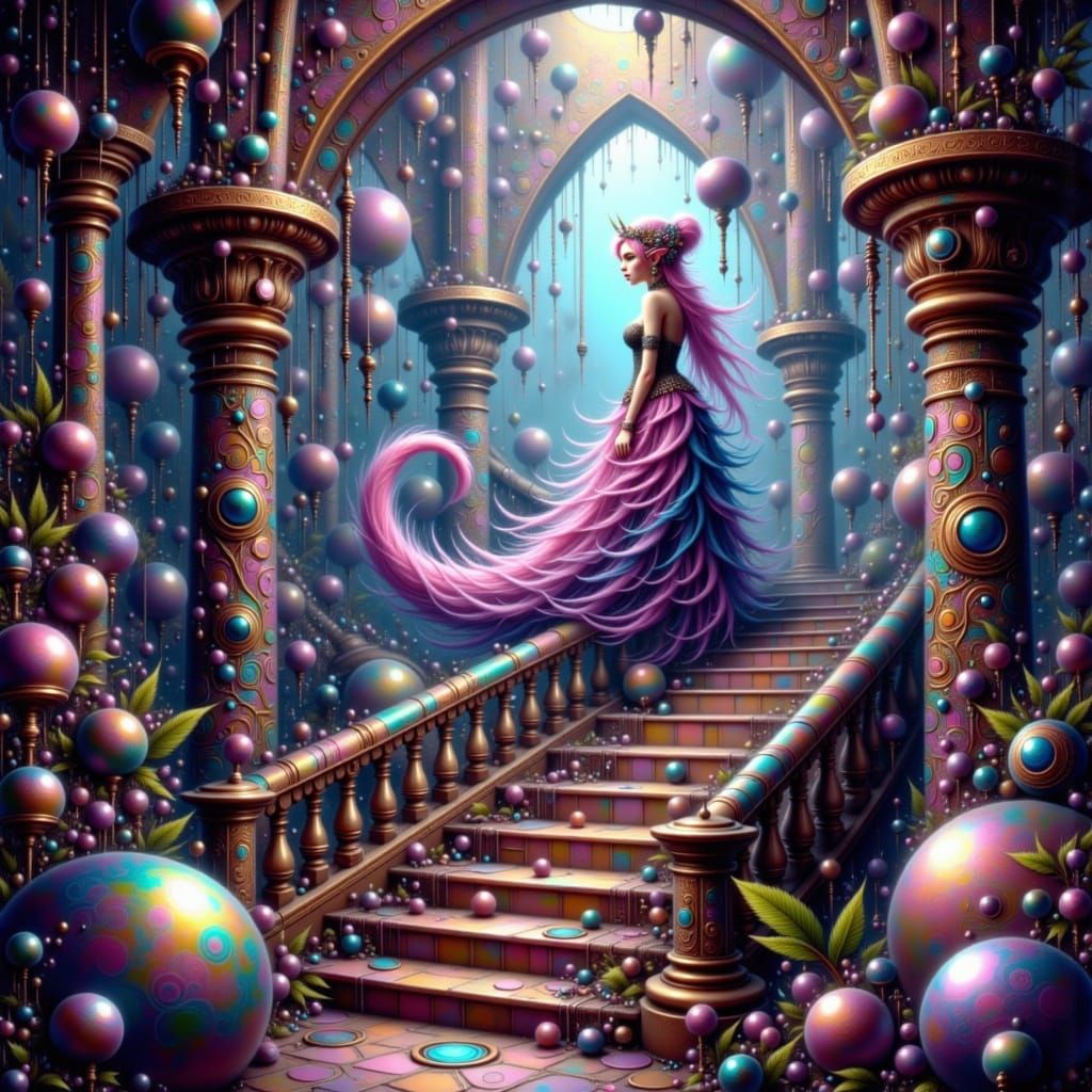 Mystical Princess Descending Escher-Inspired Staircase