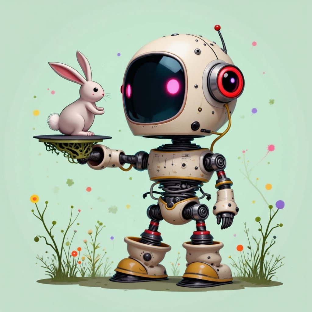 Cute Robot Holds Bunny Rabbit