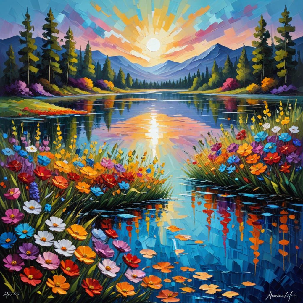 Vibrant Abstract Flowers Beside Serene Lake in Impasto Style
