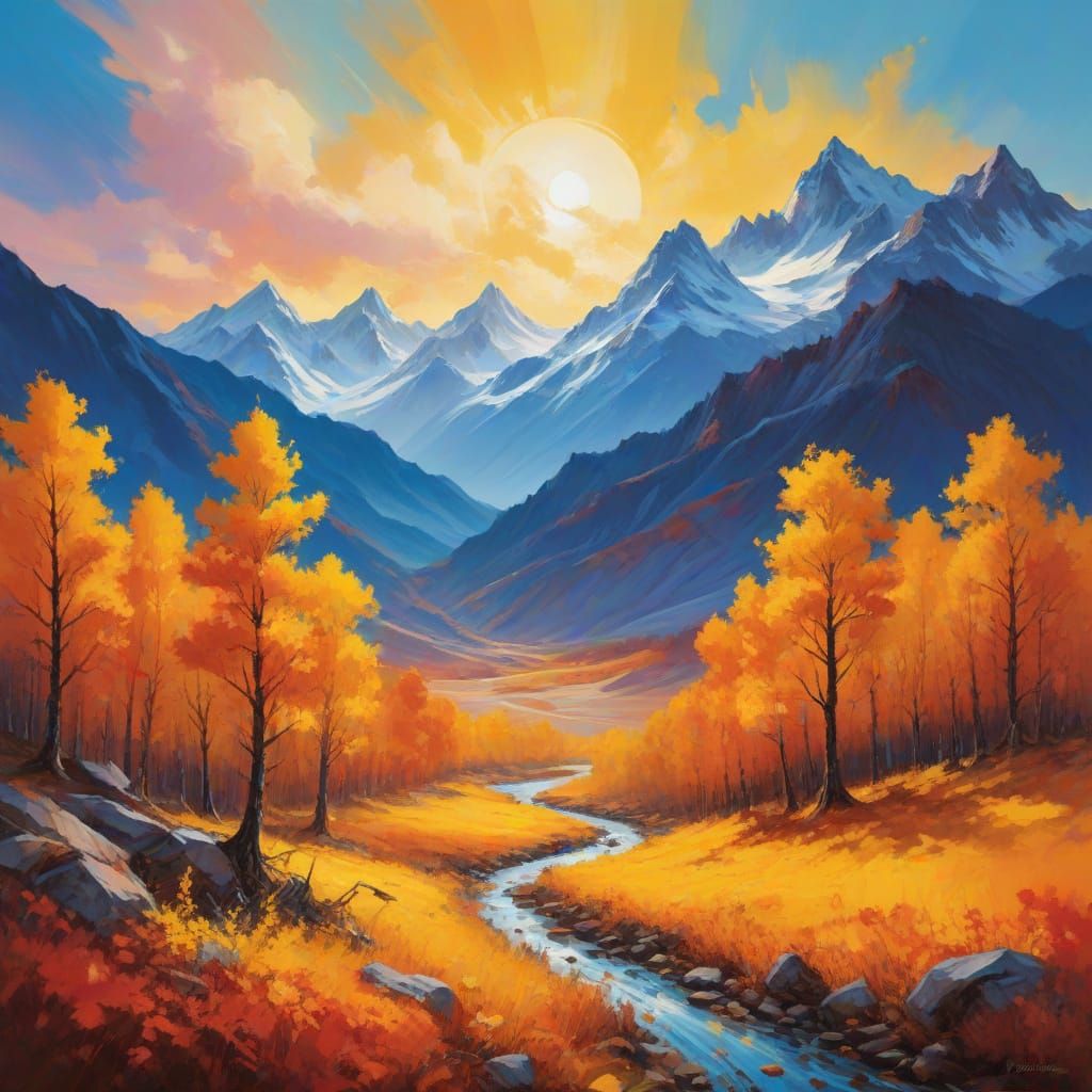 Surreal Autumn Mountainscape in Oil Painting